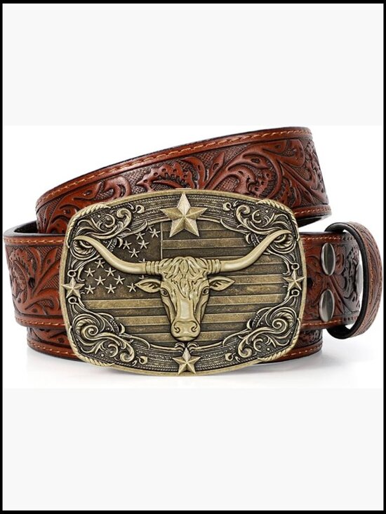 Western Cowboy Leather Belt Bull Buckle Classic Rodeo Style Wide Fit main image 7